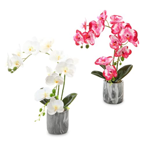 Fake Orchids Flowers in Pot Bendable Faux Orchids Artificial Flowers Washable Silk Orchid Phalaenopsis Decor for Home Wedding Table Centerpiece Bathroom Office - color: 1 Pot White +1 Pot Red Pink