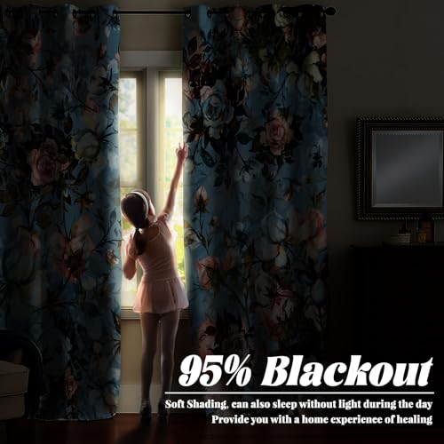 Renaiss Blue Rose Floral Blackout Curtains, Light Blue Watercolor Flowers Blossom Bedroom Window Curtains, Vintage Grommet Curtains for Kitchen 29W x 45L 2 Panels Set - color: Retro Blue, size: 29"W x 45"L (Pack of 2)