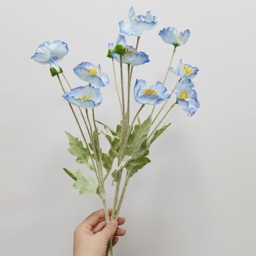 Poppy Flowers Artificial， Poppy Silk Flowers with Stems，Ranunculus Artificial Flowers，Faux Flower Stems for Wedding,Party, Outdoor Indoor Decor flower arrangements for table (3, Light Blue) - color: Light Blue