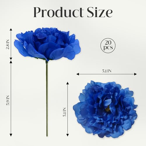 20 Pcs Artificial Flower Peonies, 5" Silk Fake Peonies with 6" Stems No Leaf, Faux Peonies Flowers for Decoration Wedding Home Party Centerpiece Decor Floral Art (Blue) - color: Blue