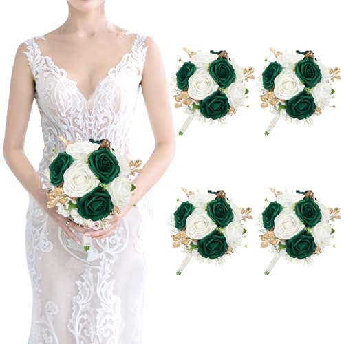 Wedding Bridesmaid Bouquet Set of 4 - Artificial Flowers Bouquets for Bridesmaids Pre-made 7 Inch Faux Small Floral Bouquets Bridal Shower, Wedding, Ceremony, Anniversary - Emerald & White & Gold - color: White & Emerald & Gold, size: Set of 4 Bridesmaid