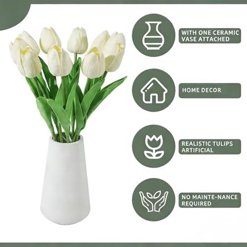 Real-Touch Artificial Tulips with Ceramic Vase, 10 Stems Faux Floral Arrangement, Spring Table Centerpiece, Modern Farmhouse Home Decor (Yellow + vase) - color: Yellow + Vase