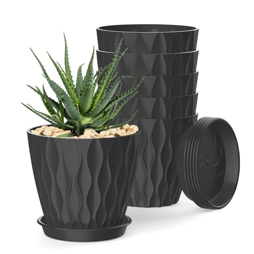 4 Inch Plant Pots, 6 Pack Indoor Flower Pots, Planters with Drainage Holes and Trays for Orchids, Violets, Succulents, Herbs, and Other Plants, Black - color: Black, size: 4inch