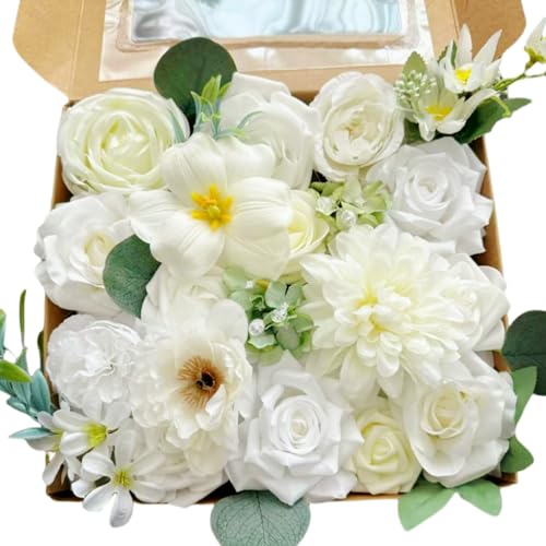 White Artificial Flowers Box Set Wedding Silk Fake Flowers for DIY Bouquets Table Centerpieces Garland Wreaths Baby Shower Party - color: Vibrant Ivory White