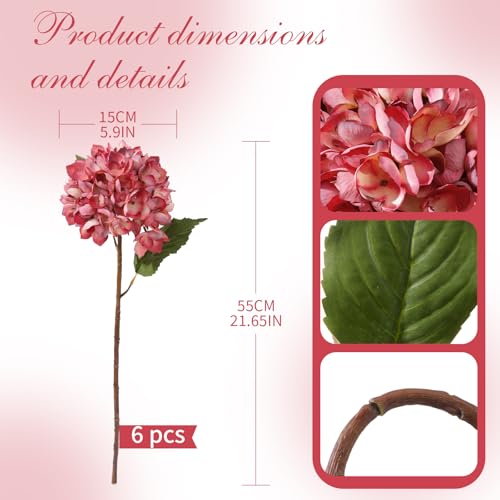 6PCS 21 Inch Lifelike Artificial Silk Hydrangea Flowers, Large Fake Hydrangea Flowers Bouquet with Stems, Full Faux Hydrangea for Home Decor Wedding Table Party Office Decor(Dusty Red) - color: Dusty Red