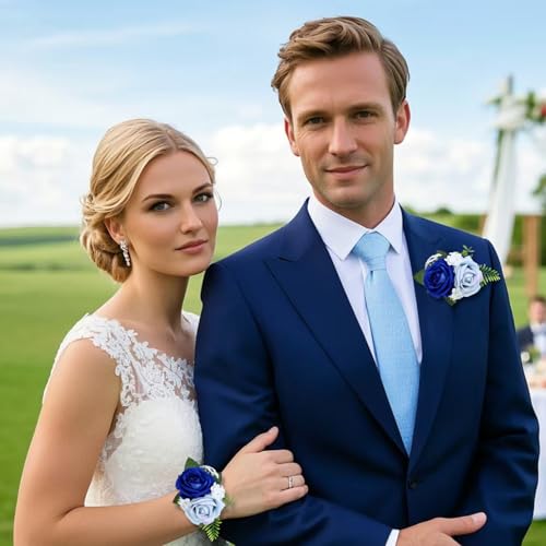 2Pcs Light Blue & Blue Rose Wrist Corsage Wristlet Band and Boutonniere Set, for Wedding Bride Bridesmaids Men Groom Groomsmen Artificial Flowers Accessories Prom Party Suit Decor - color: Light Blue & Blue