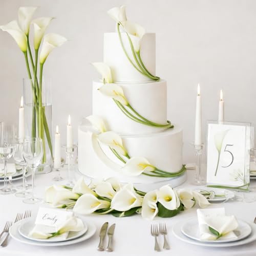 Norme 7 Pcs Cake Flowers Toppers White Calla Lily Artificial Faux Flowers Decor for Wedding Cakes, Birthday, Baby Shower & Baptism Party Decorations, 24.8" & 19.7" Floral Theme Cake Decor - style: Calla Lily