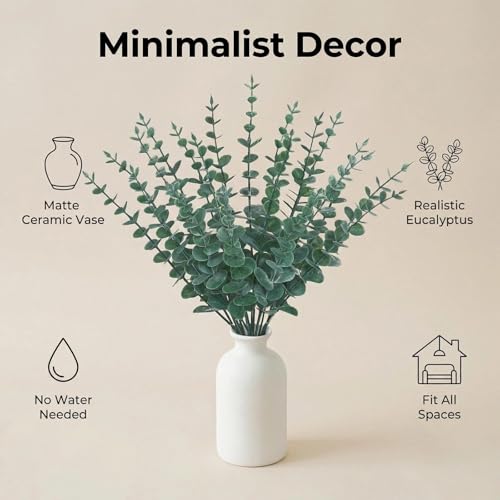16" Artificial Eucalyptus Stems Potted Plant - Realistic Small Fake Desk Plants for Office Home Decor, Faux Plants in Frosted Ceramic Vase for Indoor Spaces, Wedding Centerpieces Table Decor（20 pcs） - color: Eucalyptus Stems