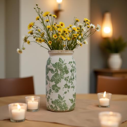 Vintage Green Floral Ceramic Vase, 8 Inch Crackle Glaze Rustic Handmade Vase, Decorative Pottery for Fresh or Dried Flowers, Farmhouse Cottage Modern Rustic Decor - size: Medium - Tall Cylinder Vase