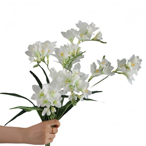 4pcs Freesias Flowers Artificial with Long Stem,24"Real Touch Dendrobium Plants Fake Orchid Leaves,Faux Larkspur Flowers for Outdoor Table Garden Party Wedding Bouquet Fillers,Patio Decor (White) - color: White