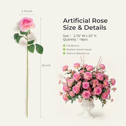 Auihiay 14PCS Yellow Pink Gradient Artificial Roses, Realistic Silk Fake Roses Flowers with Long Stem for Mother's Day, Wedding Centerpieces, Party & Home Decoration - color: Yellow Pink Gradient