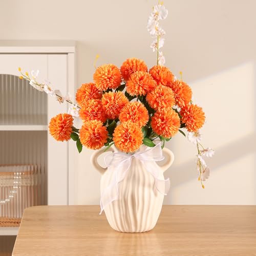 Floweroyal 24pcs Fall Flowers Artificial Chrysanthemum Ball Flower, Fake Mums Silk Hydrangea Flowers Bridal Wedding Bouquet for Home Garden Party Office Autumn Decor - color: Fall Orange-24pcs