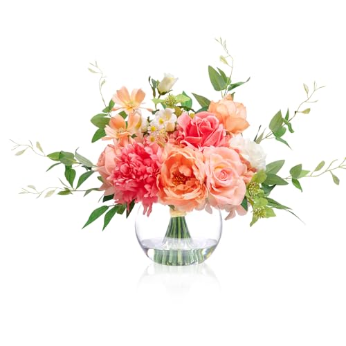 WELL KNOWN Artificial Flowers in Vase with Fake Water, Silk Peony Rose Flower Bouquet with Vase for Home Spring Decor Wedding Birthday Party Dining Table Centerpieces & Gift (Coral & Peach Plus) - color: Coral & Peach Plus