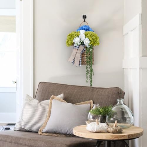23.6" Basket Wreaths for Front Door Hanging Basket Blue & Green Hydrangea Wreaths for Front Door with Rose Spring Summer Wreath for Front Door Porch Wall Window Boho Farmhouse Home Decor - color: Blue & Green