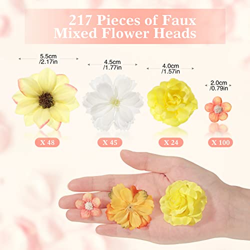 Cindeer 217 Pcs Mini Silk Flower Heads Bulk, Small Fake Flowers for Crafts Artificial 3D Loose Fabric Flower for Crafts DIY Wedding Party Hair Cap Dresses Decorations(Yellow Series) - color: Yellow Series