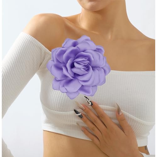 Large Flower Brooches Lapel Pins for Women Satin Fabric Brooches Big Camellia Flower Brooch Pins Wedding Part Dance Clothes Accessories Jewelry Gifts - color: purple