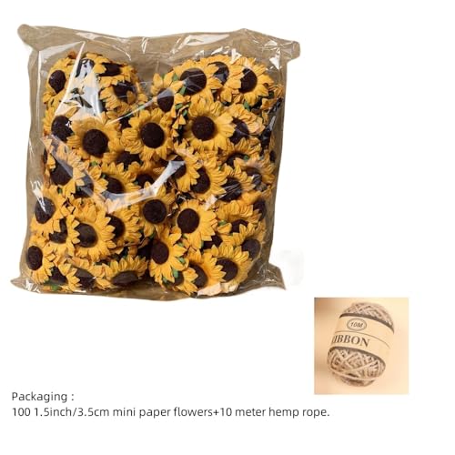 100 pcs Mini Dark Yellow Sunflowers, 1.2" Tiny Fake Flowers with10 yard hemp rope , Miniature Flowers for Crafts, Miniature Flowers for Dollhouse, for Gift Decoration,Dining Table Decoration - color: Dark Yellow Sunflower