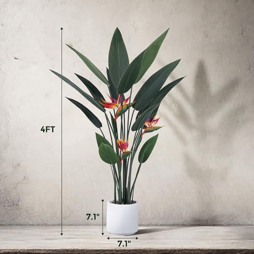 Jocoevol Artificial Bird of Paradise Plant 48in(4Ft) Tall Fake Banana Leaf Plant for Indoors and Outdoors, Artificial Flowers, Faux Palm Tree with Plastic Pot for Office and Home Decor - size: 4FT