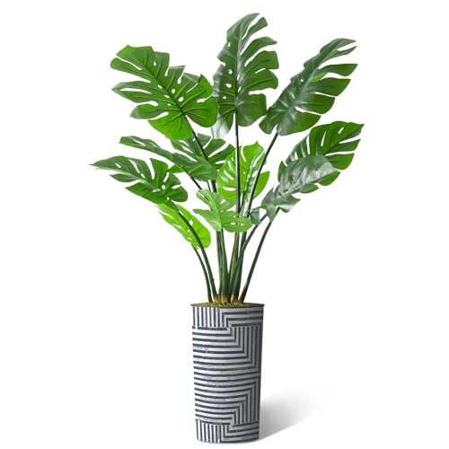 Artificial Tree in Modern Geometric Pattern Planter, Fake Monstera Silk Tree for Indoor and Outdoor Home Decoration - 65" Overall Tall (Plant Pot Plus Tree) - style: Monstera Plant