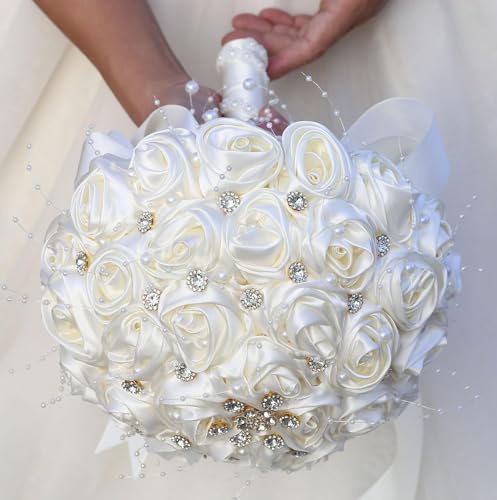Ujicde Romantic Wedding Bouquet Bridal Bridesmaid Round Bling Brooch Bouquet Throw Toss Artificial Rose Flower Bunch with Sparkle Rhinestone Crystal Decoration(Ivory,Dia. 6.3"*16cm) - color: Ivory, size: Dia. 6.3"*16cm
