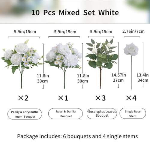 10 Pcs Mixed Artificial Flowers Set, Artificial Peony Bouquet Fake Rose Flower Silk Floral Arrangements for Table Centerpiece Home Wedding Party Bridal Vase Decoration(White, 6 Bouquets & 4 Stems) - color: White, size: Mixed 10pcs