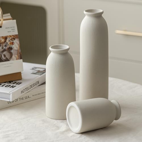 Ceramic Vase Set-3, 10.3 Inch Tall Flower Vases for Decor, Modern Boho Farmhouse Style, Decorative Vases for Pampas Grass & Dried Flowers, Distressed Finish (L Beige) - color: L Beige