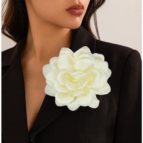 Large Flower Brooches Lapel Pins for Women Satin Fabric Brooches Big Camellia Flower Brooch Pins Wedding Part Dance Clothes Accessories Jewelry Gifts - color: beige