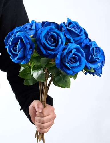PONKING 3.5"(9cm) Rose Artificial Flower 12pcs Realistic Faux Silk Roses Fake Flowers Bouquets Arrangements Decor for Wedding Mother's Day, Home Table Christmas Valentine Decorations, Blue Flower - color: D 12pcs Blue Rose