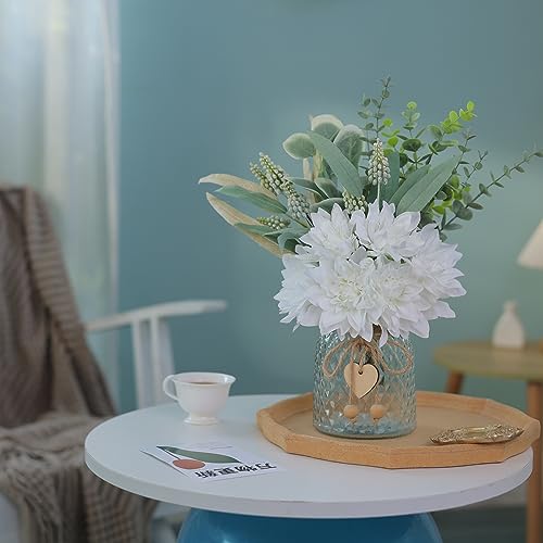 Faux Flowers with Vase,Artificial Silk Flowers in Vase, Fake Plant Eucalyptus and Willow,Flower Arrangement for Home Farmhouse kitchen Dining Table Centerpiece Decorations Coffee Table Decor (White) - color: White