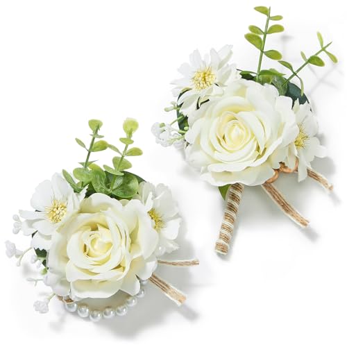 Serwalin Ivory Corsage and Boutonniere Set, Prom Flower Wrist Corsage, Roses Corsage Wristlet and Men’s Boutonniere for Wedding Flowers Accessories Prom Homecoming Suit Decorations - color: Ivory, size: 1 Boutonniere & 1 Wrist Corsage - 2pcs