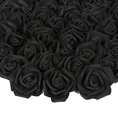Artificial Rose Flower Heads, 100pcs Black Fake Roses Artificial Flower Foam Rose Heads for DIY Wedding Bouquets Centerpieces Arrangements Party Baby Shower Home Decor (Stemless, Black) - color: Black, size: 100PCS