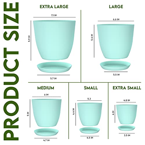 Utopia Home - Plant Pots Indoor with Drainage - 7/6.6/6/5.3/4.8 Inches Flower Pots for Indoor Planter - 5 Pack Plastic Planters - Ideal for Stocking Stuffers or Home Christmas Decorations - Aqua - color: Aqua, size: Pack of 5