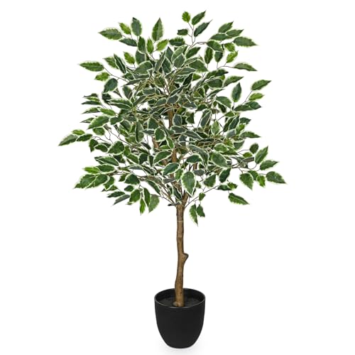 3Ft Ficus Tree Artificial Plants Indoor with Realistic Trunk, Tall Fake Potted Tree Faux Floor Plant, Artificial Tree in Pot for Home Living Room Office Bedroom Corner Decor(Green White) - color: Green White, size: 3Ft