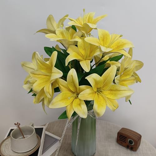 Artificial Yellow Lilies Flowers,10Pcs Faux Lily Flower,20''Tiger Lily Branch with 2 Full Blooms , Faux Fake Lilies Plants for Wedding Bouquet Home Party Indoor Floral Arrangements (10, yellow) - color: Yellow