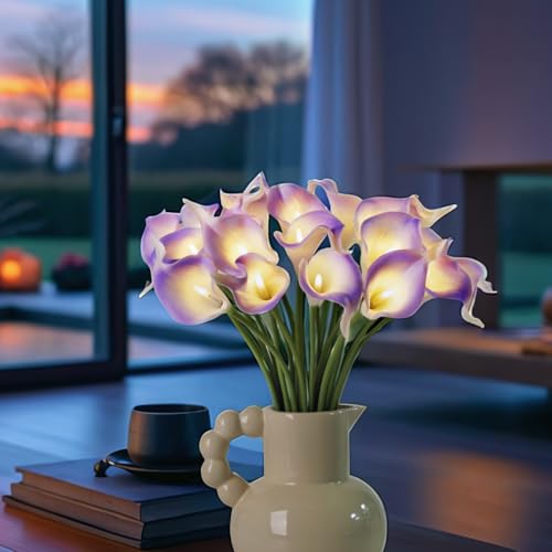 20pcs Lighted Artificial Calla Lily Bouquet Faux Floarl Night Light Real Touch Flower Night Light LED Calla Lily lighted Artificial Flower for Holiday Gifts Home Kitchen Decor(Light Purple, No Vase) - color: Light Purple