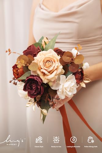 Ling's moment Terracotta Artificial Wedding Flower Bouquets for Bridesmaids Burnt Orange Floral Bouquet Rust Bridal Bouquets for Bridesmaids with Ribbon Ceremony Anniversary,7-inch Diameter - color: Or-gradual Terracotta