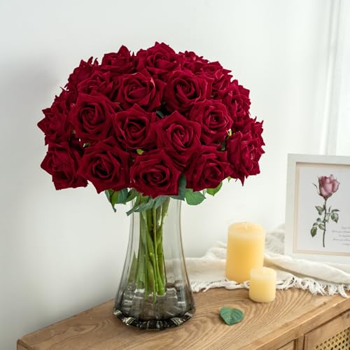 Ttranewsoo Burgundy Flowers Artificial Roses,Fake Red Rose Faux Flowers Silk Roses ，Rose Flowers with Stems for Home Wedding Party Spring Valentines Table Decoration DIY Bouquet 16.5in （24pcs, Red - color: Red 24pcs