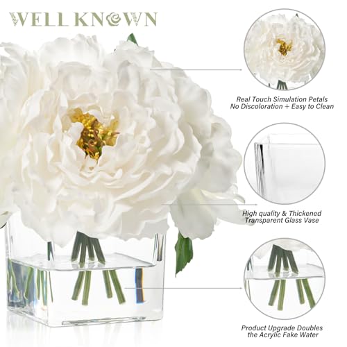 Artificial Peonies Flowers Arrangement in Cube Glass Vase, WELLKNOWN Ivory White Silk Flowers Centerpiece for Home Party Wedding Dining Coffee Table Decor, Faux Peony Flower Bouquet with Fake Water - color: Ivory White