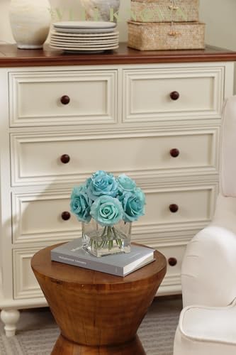WELL KNOWN Rose Artificial Flowers in Vase with Faux Water, Silk Rose Table Centerpieces for Home Coffee Table Decor, Fake Roses Flower Arrangements for Office Hotel Lavatory Decor (Light Teal Blue) - color: Light Teal Blue