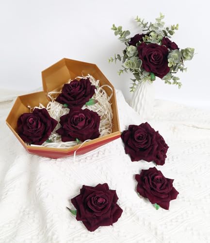 Burgundy Roses 16pcs Artificial Velvet Roses Maroon Flowers 4.3" Burgundy Fake Flowers Dark Red Roses for Wedding Bouquet Flowers for Floral Centerpieces Home Party Decor (Burgundy) - color: 4.3" Burgundy