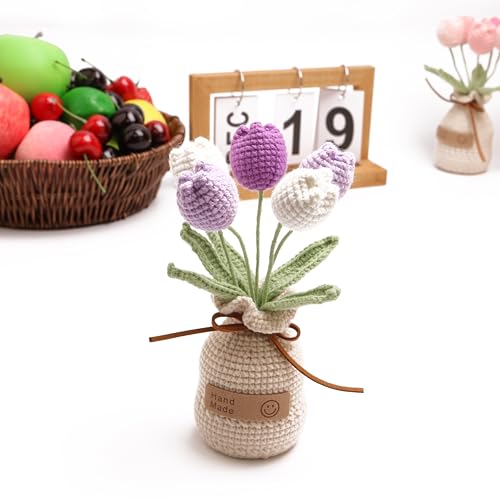 Crochet Woven Tulips with Wool,Simulation Plant Crochet Hand-Woven Flowers for Home Room Table Office Ornaments and Birthday Gifts for Family Friends Anniversary (5 Flowers-Purple) - color: Purple B, size: B