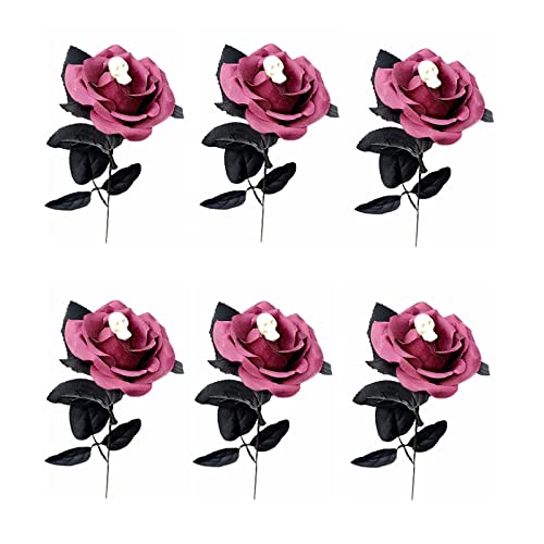 6 PCS Halloween Artificial Rose Flower with Skull,16 Inch Fake Silk Rose Bouquets Realistic Flowers Arrangements for Home Hotel Center Arrangements Halloween Decoration,Pink - color: Pink