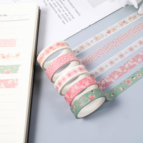 5 Rolls Sakura Washi Tape Set Floral Decorative Tapes Cute Flowers Patterns Tape Japanese Arts Adhesive Tapes Modern Arts Masking Tapess for Art DIY Crafts Journals Scrapbooking Wrapping