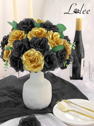 LELEE 108pcs Black Gold Roses Head Flowers with Long Stem - Bridal Artificial Flowers Rose Bulk - Silk Gold Black Rose Fake Flower for Wedding Bouquet Balls Arrangement Table Centerpieces Party Decor - color: Black-gold