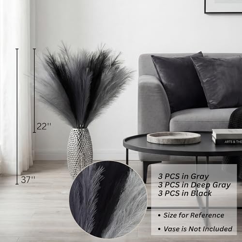 Faux Pampas Grass Decor, 9 PCS 37''/3.1FT Tall Fluffy Black Gray Fake Pompas Floral, Large Artificial Pompous Grass Branches for Floor Vase Fillers, Boho Farmhouse Room Wedding Decor - color: Black Gray