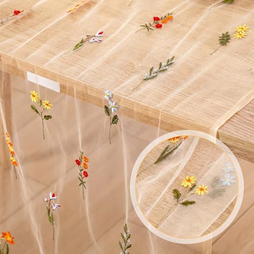 Boao 1 Wildflower Table Runner Embroidery Tulle Spring Summer Table Runner 120 Inch 10 ft Kitchen Dining Decoration for Wedding Baby Shower Bridal Shower Home Decor Birthday Party (Champagne) - color: Champagne, size: Wildflower