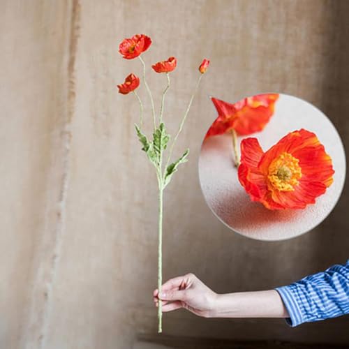 Lifelike Artificial Poppy Flowers, 8 Stems Silk Bouquet with Flocked Stems & Leaves – for Wedding Centerpieces, Home Decor, Table Arrangements - color: 8pcs Orange Red