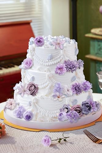 rongflower Fake Flower Heads for Crafts - Purple Silk Artificial Roses, Peonies, Daisies & Mini Floral Heads Bulk (48-Pack) for Wedding Decor, Graduation Cap, Cake Topper, Baby Shower, Home Decoration - color: Purple