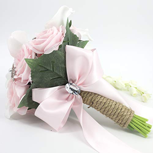 Ansuma White Calla Lily and Rose Cascading Bride Bouquet Waterfall Wedding Flower - Lily Rhinestone Jewelry Brooches and Satin Ribbon Décor (Pink) - color: Pink