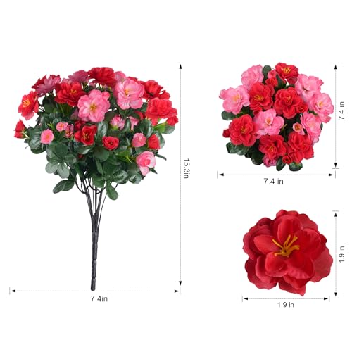 Artificial Faux Outdoor Flowers Plants for Spring Summer Decoration, Fake Silk Camellia UV Resistant Look Real for Planter Outside Front Door Porch Patio Balcony, 3 Large Bundles (Melon Red+Red) - color: Melon Red+red